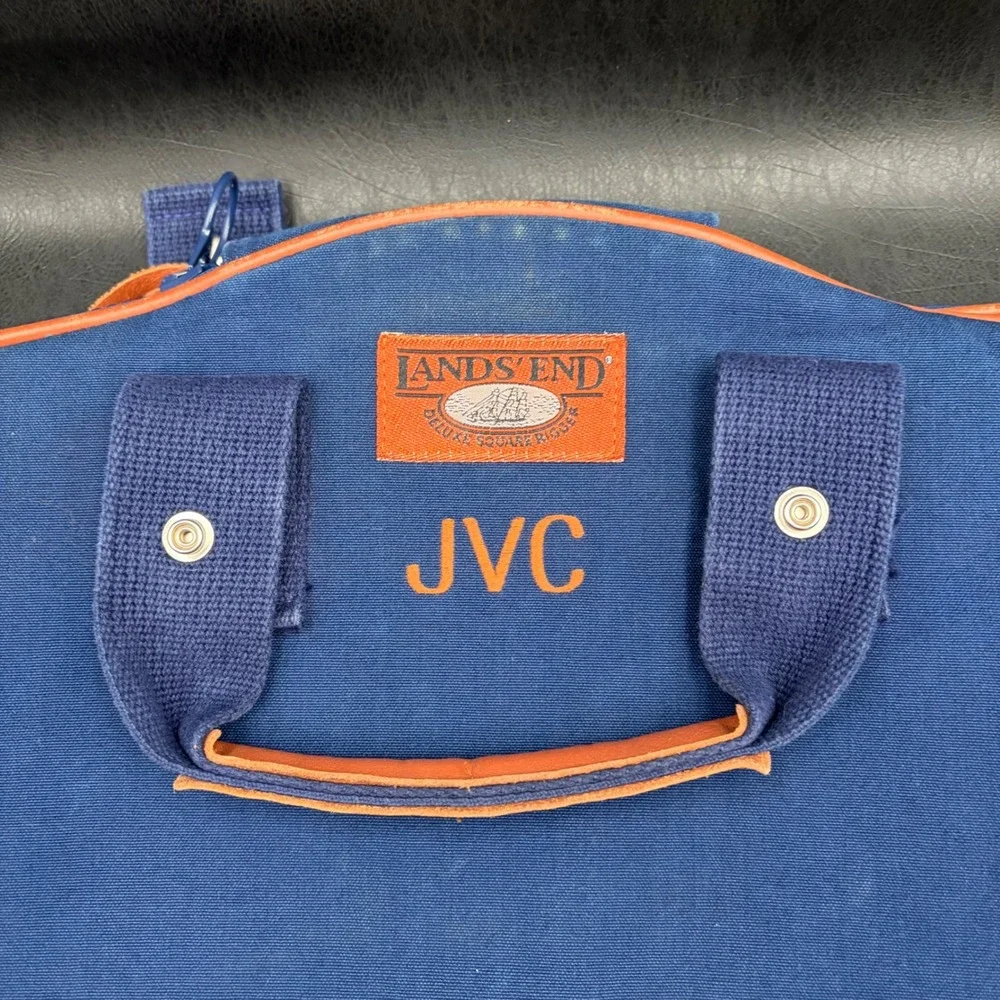 Lands End Deluxe Square Rigger Garment Bag Navy Canvas Leather Trim Monogram JVC